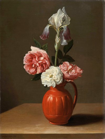""Bouquet Of Irises And Three Roses In A Faience Pot"" (An Iris And Three Roses In An Earthenware Pot) Målning av Jacob Foppens van Es (cirka 1596-1666), - Olja på trä, Dim 30x29 cm Fondation Custodia av Jacob  Foppens van Es