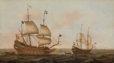 Ett krigsskepp byggt för Frankrike och en holländsk yacht under segel av Jacob Gerritz Loef