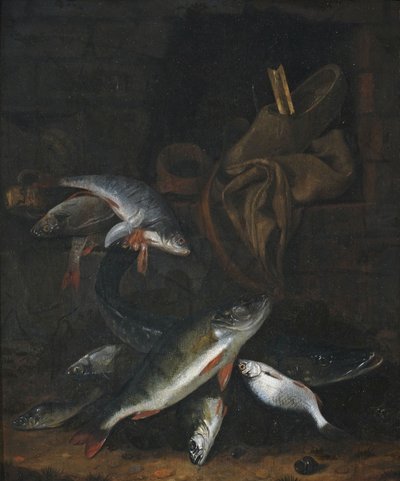 Fiskstilleben med gädda och braxen på en vägg av Jacob Gillig