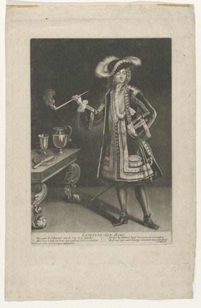Porträtt Kapten Jan Bart, stående med pipa Kapten Jan Bart (titel på objekt) av Jacob Gole