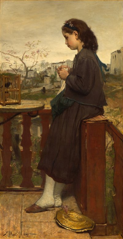 Flicka stickar på balkongen, Montmartre, 1869 av Jacob Henricus or Hendricus Maris