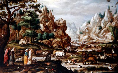 Ett stenigt landskap med Noah and the Animals (olja på panel) av Jacob II (circle of) Savery