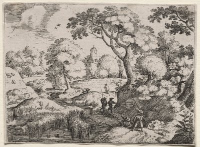 Sex landskap: väg mellan träsk och trädbevuxen bank, ca. 1595. av Jacob I Savery