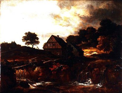 Skogbevuxen landskap med bonde på en bro över en ström av Jacob I. van (follower of) Ruisdael