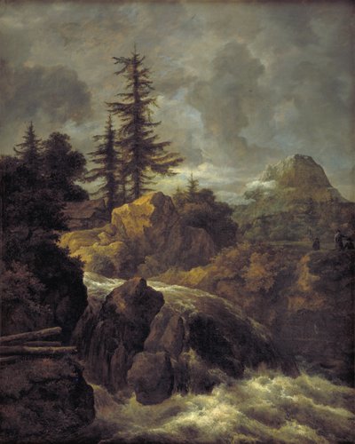 Landskap med ett vattenfall och en koja av Jacob van Ruisdael