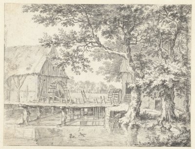 Vy över två vattenkvarnar som flankerar en sluss av Jacob van Ruisdael
