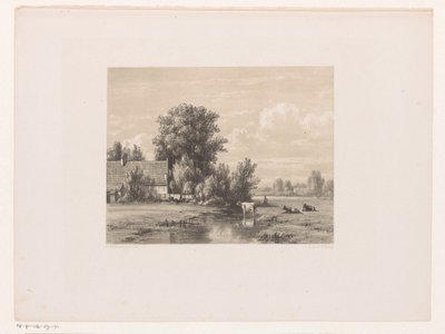 Landskap med gård och ko i vattnet av Jacob Jan van der Maaten