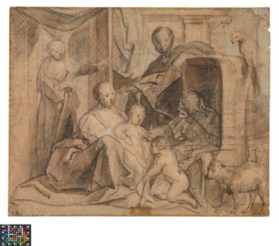 Tyska: Den heliga familjen med Elisabeth och Johannes Döparen (baksida: dörr, dörröppning och Hermes)
Nederländska: De Heilige Familie met Elisabeth en de kleine Johannes (baksida: Deur, deuropening en Hermes) av Jacob Jordaens