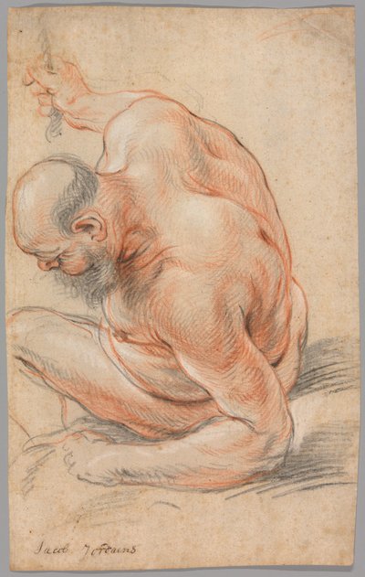 Naken gammal man sittande, lutad på sin underarm, vänd åt vänster av Jacob Jordaens