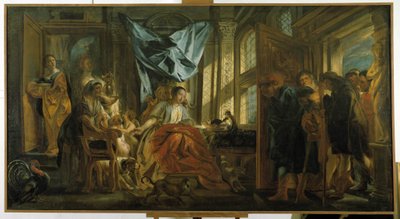 Penelope. Ulysses fru som väntar på sin man stöter bort sina anspråksfulla anspråk och fortsätter sin väv. målning av Jacob Jordaens (1593-1678). Musee Granet, Aix en Provence. av Jacob Jordaens