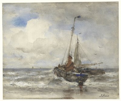 Två fiskebåtar vid stranden av Jacob Maris