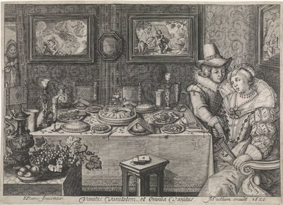 Ungt par sitter vid ett överdådigt laddat bord av Jacob Matham (workshop of)