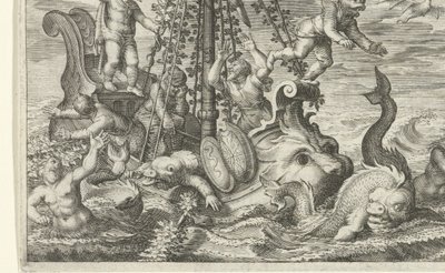 Bacchus förvandlar sina fångare till delfiner av Jacob Matham