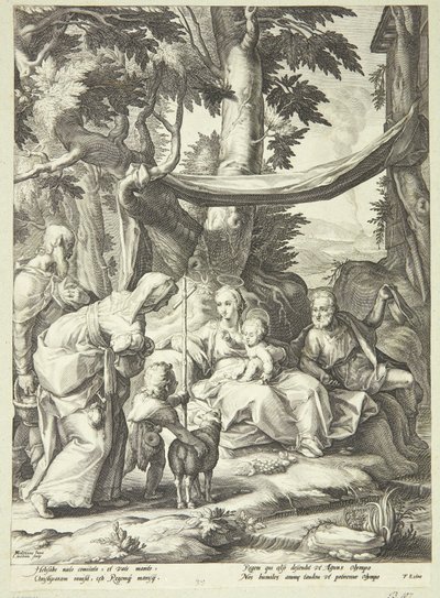 Den heliga familjen satt i ett landskap med Elizabeth, Zacharias och Johannes Döparen som barn av Jacob Matham