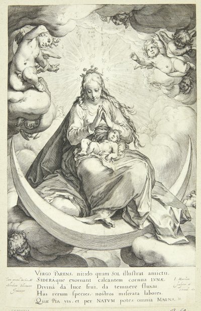 Jungfru Maria med Jesusbarnet på halvmånen, omgiven av änglar av Jacob Matham
