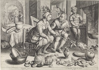 Köksbit med kyckling på spett Köks- och marknadsscener med bibliska scener (serietitel) av Jacob Matham
