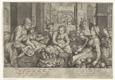 Marknadsscen med liknelsen om arbetarna i vingården i bakgrunden, ca 1600 av Jacob Matham