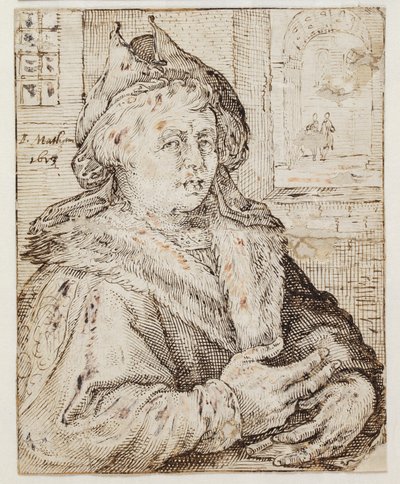Porträtt av en man med hatt och pälsbrättad mantel, vänd mot h. T.h. genom en fönsteröppningsvy till andra rum av Jacob Matham