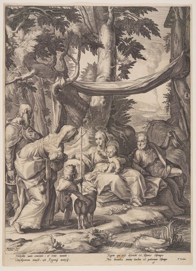 Den heliga familjen med heliga Elisabeth, Zacharias och Johannes av Jacob Matham