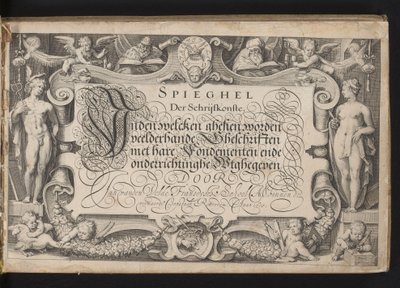Titeltryck med allegorisk ram och kalligraferad titel Spegel av skrivkonsten, inden welcken ghesien många slags skrifter med dess grunder och utbildning ges ut (...) Rotterdam. Anno 1605 (serietitel på objekt) av Jacob Matham