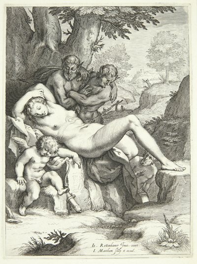 Venus och Amor sover och bevakas av satyrer av Jacob Matham