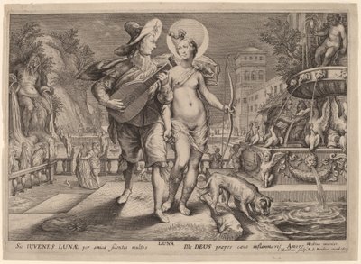 Diana som Luna som ackompanjerar en ung man som serenad av Jacob Matham, after Hendrik Goltzius