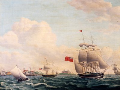 Fartyg som seglar genom Öresund mellan Sverige och Danmark med Kronborgs slott i bakgrunden av Jacob Petersen