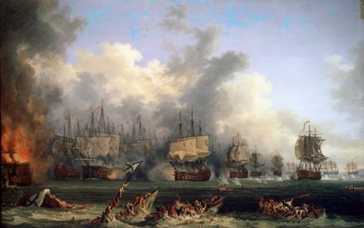 Det ryska slagskeppet St. Evstafius förlisning i sjöslaget vid Chesma, 1771. av Jacob Philipp Hackert