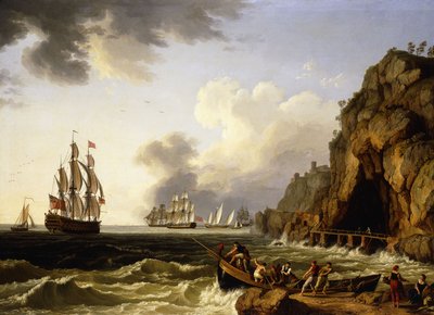 En utsikt över kusten nära Neapel med en tredäckare av den brittiska kungliga flottan som flaggar en viceamiral av de röda, 1777 av Jacob Philippe Hackert