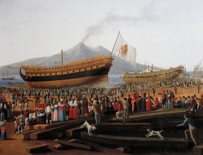 Lansering av fartyg på Castellammare di Stabia-varvet (olja på duk) av Jacob Philippe Hackert