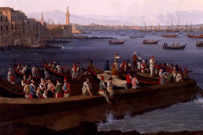 Neapelbukten nära Santa Lucia som visar sjöflottan som återvänder från Alger av Jacob Philippe Hackert