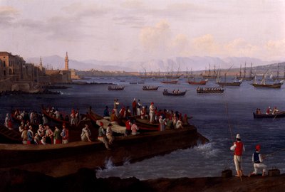 Neapelbukten nära Santa Lucia som visar sjöflottan som återvänder från Alger av Jacob Philippe Hackert
