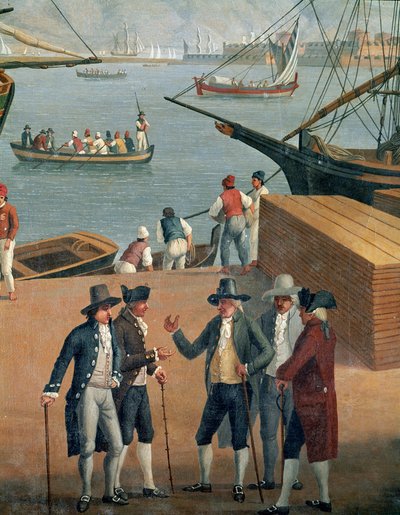 Vy över Messinas hamn, detalj av rika handlare av Jacob Philippe Hackert