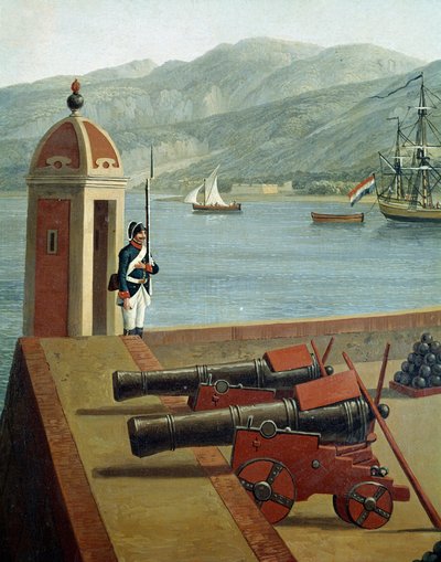 Vy över de militära befästningarna i hamnen i Reggio Calabria (Vy över Reggio Calabrias militära befästningar) Detalj av en vakt och kanoner (kanoner och vakt) - Målning av Jacob Philipp Hackert dit Hackert d