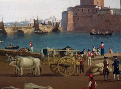 Utsikt över hamnen i Taranto (Taranto) i Italien på 1700-talet Hamnarbetare i hamnen som lossar godset, vagn dragen av oxar - Målning av Jacob Philipp Hackert dit Hackert d