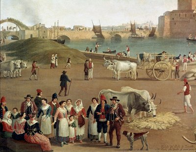 Utsikt över Tarantos hamn, detalj av kommersiell verksamhet, arbetare och människor i traditionell klädsel (Målning av Jacob Philippe Hackert