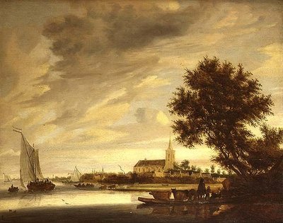 Ett flodlandskap med en färja i förgrunden av Jacob Salomonsz. (circle of) Ruysdael