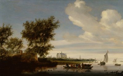 En avlägsen utsikt över Alkmaar med bönder och boskap på en färja av Jacob Salomonsz. Ruysdael