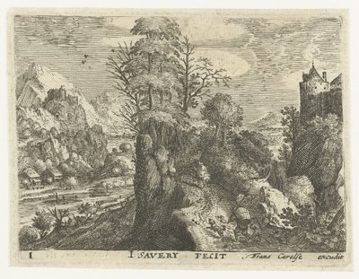 Landskap med resenärer på en brant sten Sex landskap med resenärer (serietitel) av Jacob Savery (I)
