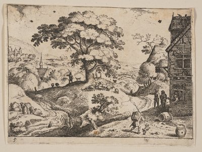 Värdshus till höger om vägen före byn, från Landscapes av Jacob Savery I