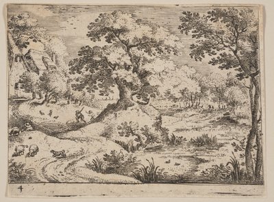 Stig vid ett träsk: Herdehund och får, från Landscapes av Jacob Savery I