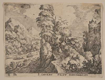 Stig med resenärer till höger om floden, från Landscapes av Jacob Savery I