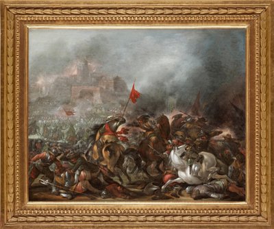 Strid mellan turkar och kristna under den ottomanska arméns erövring av Konstantinopel 1453 - Målning av Jacob Matthias Weyer (1620-1670), olja på trä (39x49 cm) - Turkiska kriget, Olja på trä av Jacob Matthias Weyer - Privat samling av Jacob Weyer
