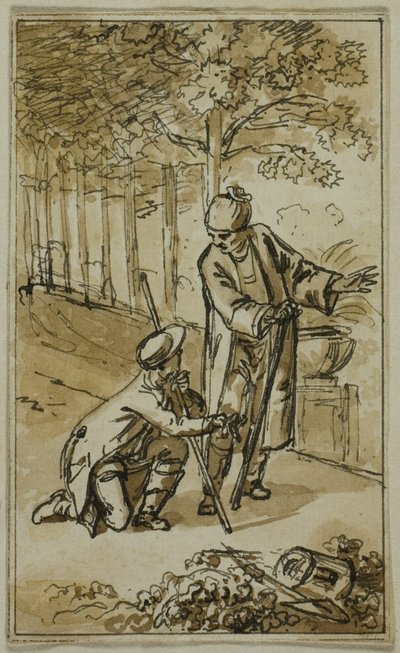 Litterär illustration: Gentlemannen och den knäböjande trädgårdsmästaren av Jacob Wilhelm Mechau