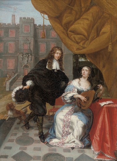 En gentleman som uppvaktar en dam som gör musik på en innergård, 1668 av Jacob de Fourmentrou