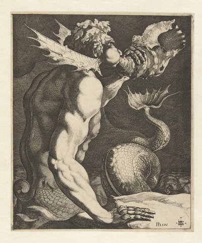 En triton som blåser på ett skal av Jacob de Gheyn (III)