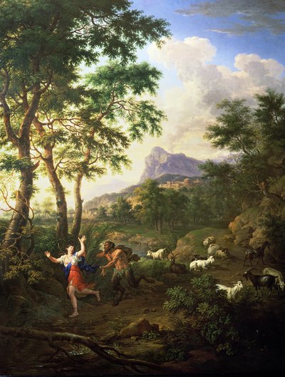 Ett arkadiskt landskap med Pan och Syrinx av Jacob de Heusch