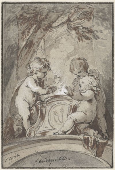 Allegori med tre putti vid ett altare av Jacob de Wit