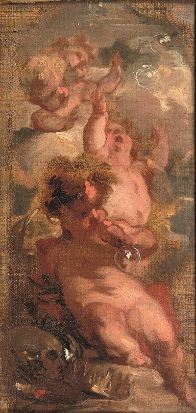 An Allegory of Vanitas: Fyra putti som blåser bubblor, en dödskalle, en konstnärspalett och en krona i närheten (olja på duk på panelen) av Jacob de Wit