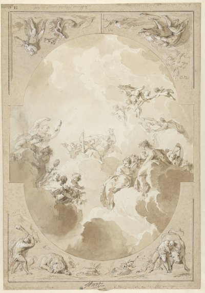Design för en takmålning som föreställer Herkules apoteos och fyra av hans verk av Jacob de Wit
